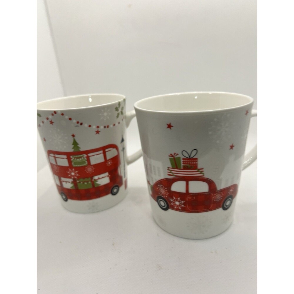 2 Christmas Holiday Travel Mugs Stechcol Gracie Bone China tree truck winter